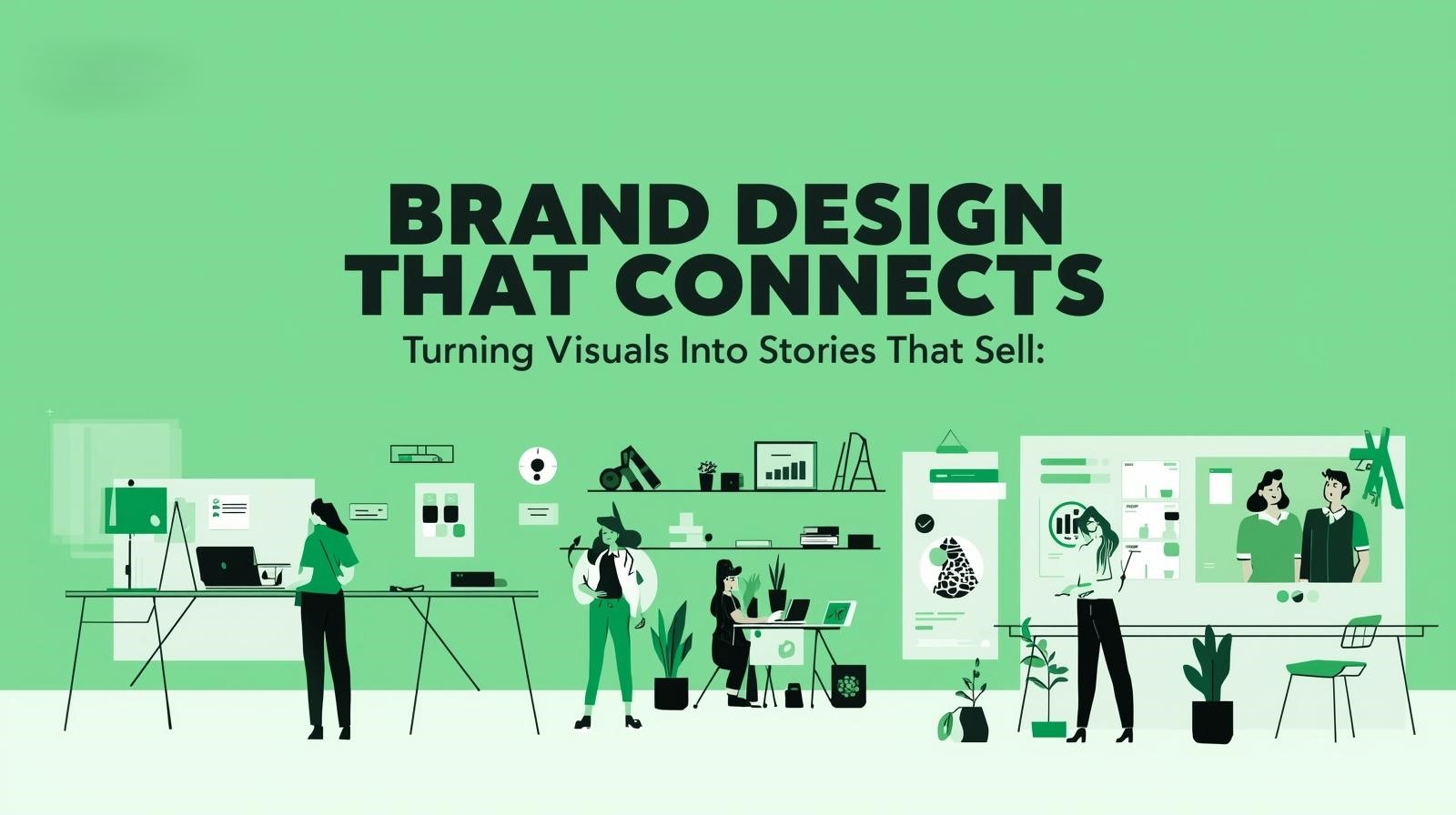 Minimal green illustration of a creative team working on brand design and visual storytelling for the blog “Brand Design That Connects: Turning Visuals into Stories That Sell.”