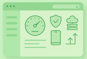 Minimal green-themed flat vector illustration of a clean web application dashboard with icons for speed, security, cloud server, mobile responsiveness, and scalability.”