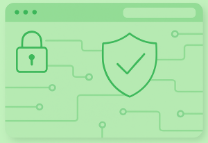 Minimalist green flat-vector illustration of a secure web browser window with a lock, shield, and subtle circuit lines.”