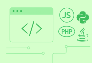 Minimal green illustration featuring code brackets, a terminal window, and abstract icons representing JavaScript, Python, PHP, and Java.”
