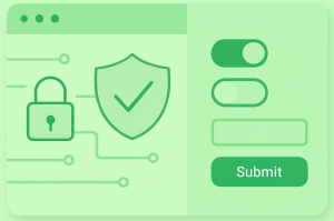 Minimal green vector illustration showing a static webpage layout on the left and interactive UI elements like toggles and forms on the right