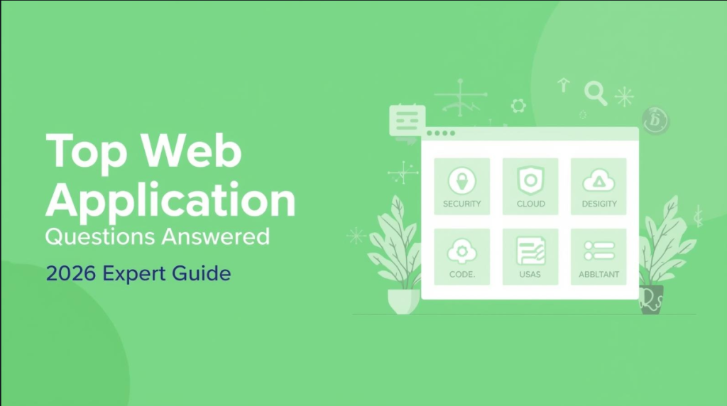 Minimal green-themed illustration of a web application dashboard with security, performance, cloud, and code icons, including the heading ‘Web Application’.”