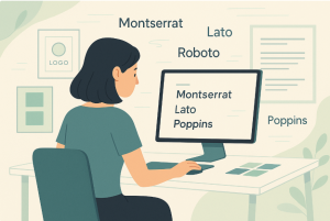 Minimalistic illustration of a woman at a modern workspace reviewing and comparing fonts for brands—Montserrat, Lato, Roboto, and Playfair Display—on her computer, surrounded by logos, color swatches, and typography samples.
