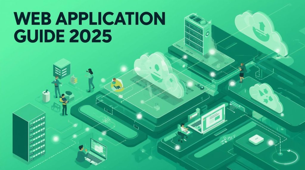 Green-themed isometric illustration of a web application architecture with front-end, back-end, database, cloud servers, and users, titled ‘WEB APPLICATION GUIDE 2025