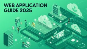 Green-themed isometric illustration of a web application architecture with front-end, back-end, database, cloud servers, and users, titled ‘WEB APPLICATION GUIDE 2025
